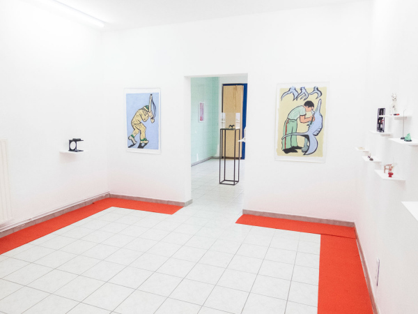 Paintings by Ines Claus, magnifier and installation of miniature works by Romane Claus.